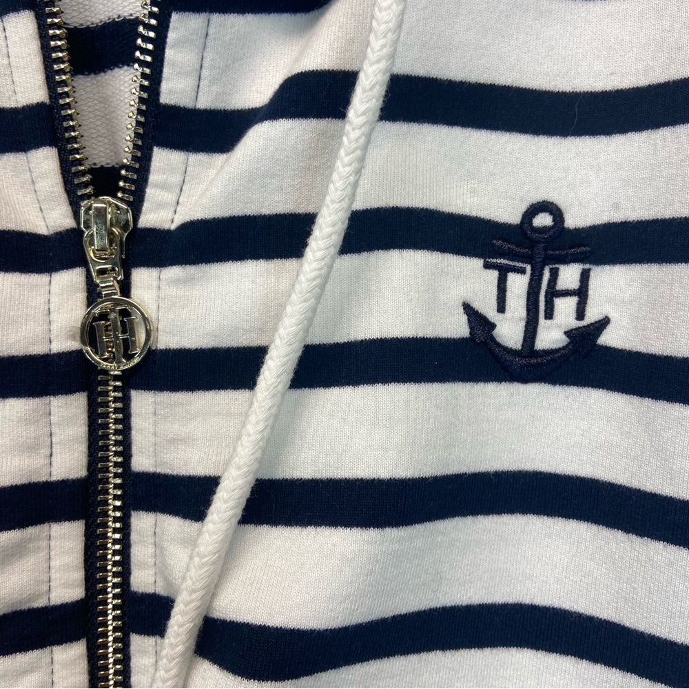 Tommy Hilfiger Nautical White Navy Stripped Zipper Front Hoddie - Picture 4 of 9